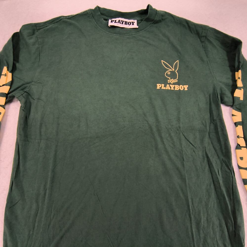 Playboy Graphic Casual Long Sleeve Crew Neck T Shirt Mens Size Small S Green